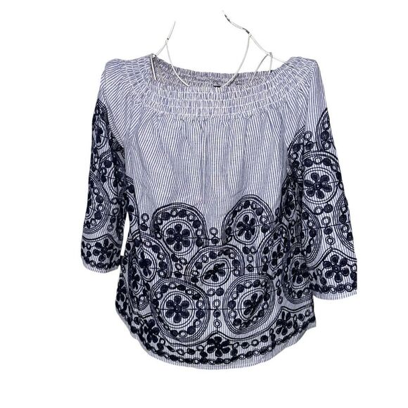 Great Condition Unique Spectrum Blue & White Stripe Embroidered Off Shoulder Flo - Picture 1 of 7